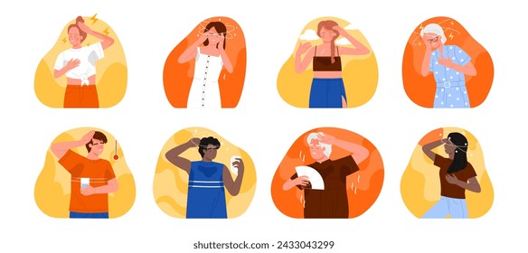 People with sunstroke symptoms set. Exhausted tired sick young and old characters with stress from dizziness and fever, dehydration and sweating in hot summer weather cartoon vector illustration