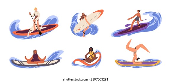 Gente con tablas de sup en agua, deporte de verano. Los personajes flotan con palas, se paran y se sientan en tablas de surf, nadando con tablas de surf. Ilustraciones gráficas planas vectoriales aisladas en fondo blanco.