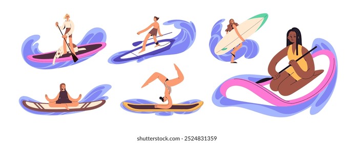 Personas supboarding y surf set. Hombres y mujeres felices con remo de paletas, flotando en el agua. Los personajes practican yoga durante el deporte de tabla de surf. Ilustraciones vectoriales aisladas planas sobre fondo blanco