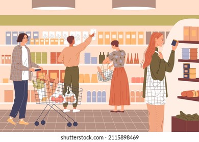 People in the supermarket buying groceries Vector illustration