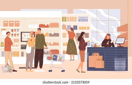 People in the supermarket buying groceries Vector illustration.