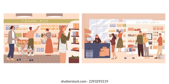 People in the supermarket buying groceries Vector illustration