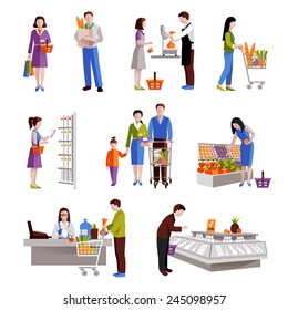 People in supermarket buying grocery products decorative icons set isolated vector illustration