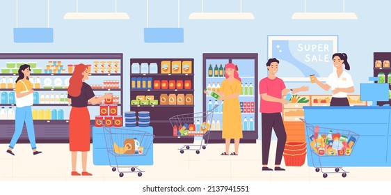 People in supermarket choosing food and putting in trolleys. Man and woman buying products in grocery store. Consumers walking among shelves with goods, purchasing at counter vector