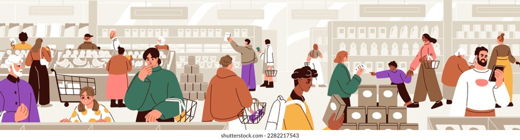 People at supermarket. Consumers visiting grocery store, shopping. Buyers, customers with trolleys choosing, buying goods, food products on shelves. Shoppers at hypermarket. Flat vector illustration