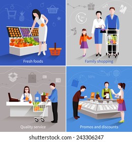 People in supermarket design concept set with fresh fruits family shopping quality service promos and discounts flat icons isolated vector illustration