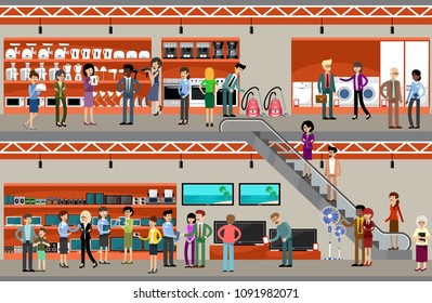 People in a supermarket of the equipment and electronics. Vector illustration