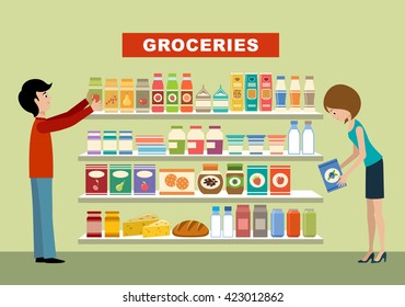 People in a supermarket. Groceries. Vector