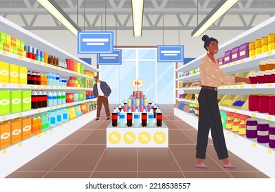 People in supermarket. Grocery shop interior with cashier and customers buying food. Cartoon mall store vector concept. Purchasers shopping, buy food in supermarket. Customers in retail store