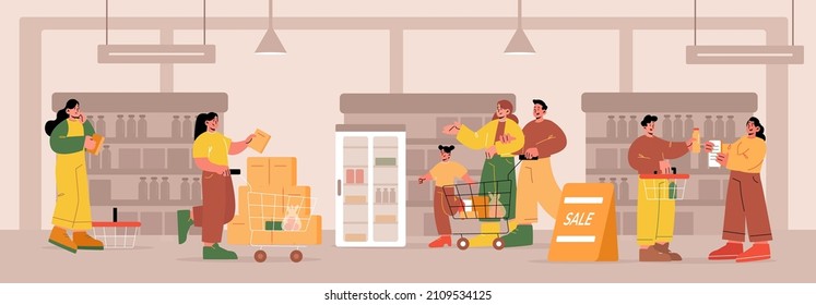 La gente en el supermercado o en el mercado de comestibles, los visitantes con carritos recorren las estanterías y eligen la comida. Clientes de hombres, mujeres y niños personajes de compras, compra de productos en tiendas, juego de vectores planos de arte de línea