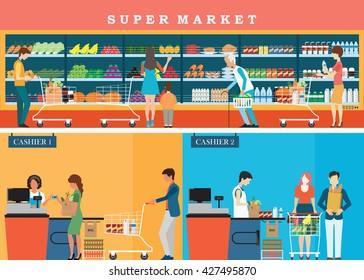 People in supermarket grocery store with shopping baskets. Isolated vector illustration.