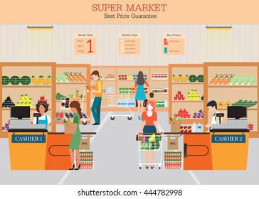 People In Supermarket Grocery Store With Shopping Baskets. Isolated Vector Illustration.