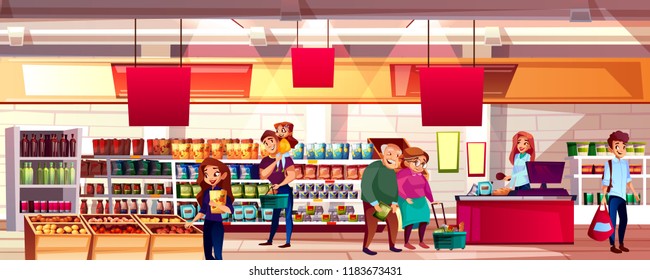 People in supermarket or grocery store vector illustration. Family choosing food products on shelves to shopping bags or carts, cartoon background with cashier at checkout counter