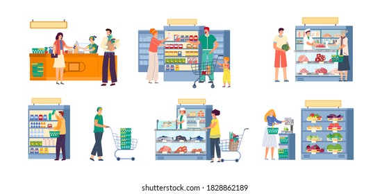 People in supermarket grocery store vector illustration set. Cartoon flat happy man woman or family shopper characters with trolley cart and basket shopping in hypermarket, buy food isolated on white