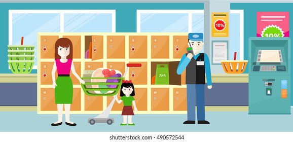 People in supermarket interior design. Mother and daughter standing near storage shelves. Security controls the order in the mall. People shopping, marketing, customers in shop. Vector illustration