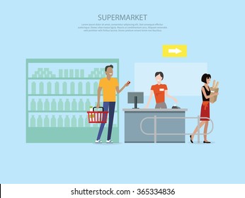 People in supermarket interior design. People shopping, supermarket shopping, marketing people, market shop interior, customer in mall, retail store illustration