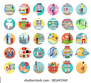 People in supermarket interior design. People shopping, supermarket shopping, marketing people, market shop interior, customer in mall, retail store illustration