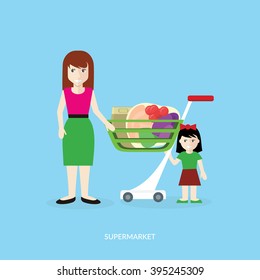 People in supermarket interior design. People shopping, supermarket shopping, marketing people, market shop interior, customer in mall, retail store vector illustration