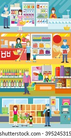 People in supermarket interior design. People shopping, supermarket shopping, marketing people, market shop interior, customer in mall, retail store vector illustration