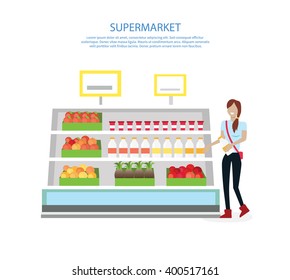 People in supermarket interior design. People shopping, supermarket shopping, marketing people, market shop interior, customer in mall, retail store vector illustration