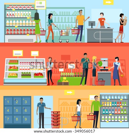 People in supermarket interior design. People shopping, supermarket shopping, marketing people, market shop interior, customer in mall, retail store illustration