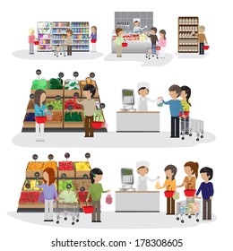 People In Supermarket - Isolated On White Background - Vector Illustration, Graphic Design Editable For Your Design