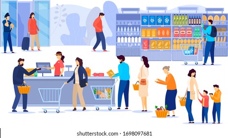 People in supermarket, line at cash desk, grocery store customers, vector illustration. Men and women buying food in shop, cartoon characters. Assortment of products, checkout queue, family and senior