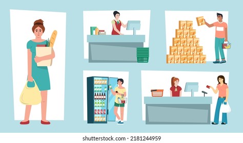 people in supermarket. male and female characters choosing grocery products purchase at checkout to cassier putting food in bags daily routine processes. Vector pictures in flat style