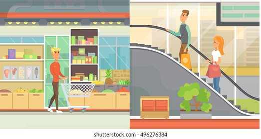 People in supermarket and mall flat illustration. Food market interior design.  Walking with Bags at the shop.