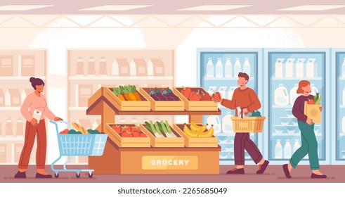 Gente en el supermercado. Hombres y mujeres comprando comestibles y eligiendo productos naturales. Tareas rutinarias y domésticas. Chico y chicas con cesta, carrito y paquete. Dibujo vectorial plano de dibujos animados