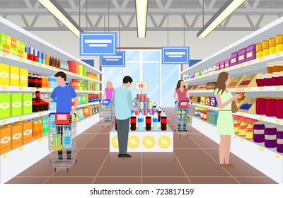 People at the supermarket in the process of buying some food to bring to home, women and men with trolley and lady with jar on vector illustration