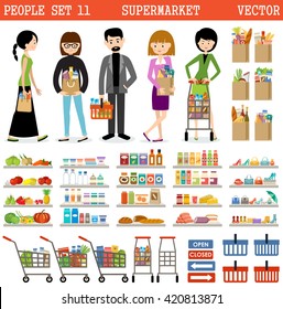 People in a supermarket with purchases and products. vector