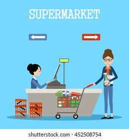 People in a supermarket with purchases. Retail store illustration. Vector