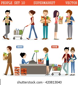 People in a supermarket with purchases. Vector