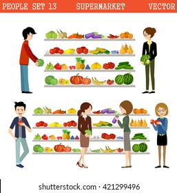 People in a supermarket with purchases. Vector