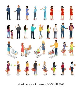 People in supermarket. Set of customers and sellers characters vector. Flat style design. Man and woman making purchases, sell goods. Supermarket personnel, consumer choice, shopping in mall concept.