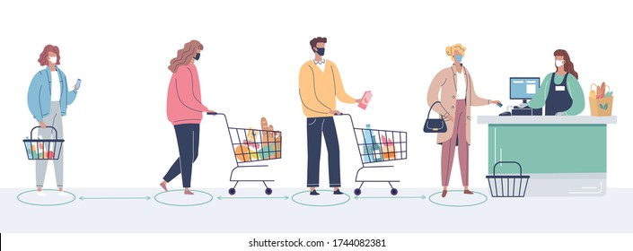 People in the supermarket standing in line safe social distance