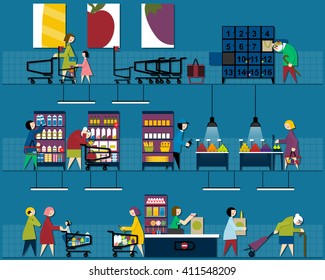 People in supermarket. Vector flat illustration