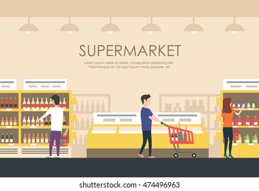 People in supermarket. Vector flat illustration. People shopping. 