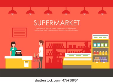 People in supermarket. Vector flat illustration. People shopping. Indoor market. Grocery store