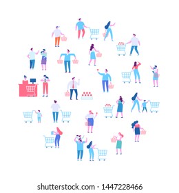 People in supermarket vector set. Big Sale. Customers, buyers with shopping bags and cart.  Flat vector characters isolated on white