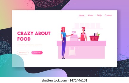 People in Supermarket Website Landing Page. Customer with Goods in Shopping Basket Stand in Grocery at Cashier Desk with Seller Paying for Purchases Web Page Banner. Cartoon Flat Vector Illustration