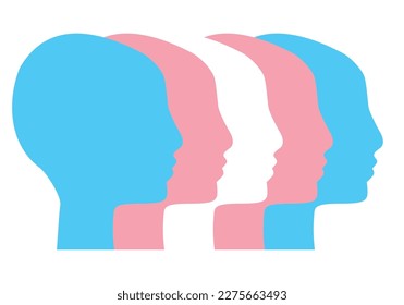 People supporing transgender personses rights. Transgender people communicate, vector illustration. Faces of diverse cultures in propfile in different colors of the transgender flag