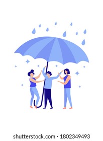 Die Leute unterstützen einander, das Konzept der Teamarbeit. Die Menschen schützen sich vor dem Regen, unter einem Regenschirm. Vektorgrafik, isolierter Hintergrund.