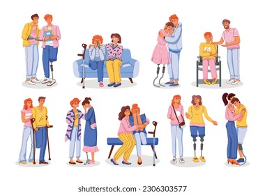 People support flat set with isolated compositions of upset and distracted human characters special needs individuals vector illustration
