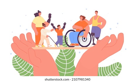 People support. Hands hold human without hand, leg or vision, person in wheelchair. Helping and volunteering, healthcare vector concept