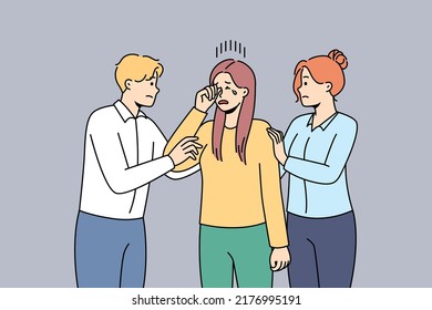 People support hug unhappy girl crying having problems. Friends comfort feel supportive and caring to upset woman. Friendship and help concept. Vector illustration. 