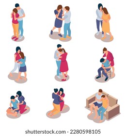 People support isometric set with isolated icons and faceless human characters of friends parents and children vector illustration