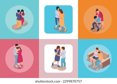 People support isometric set with isolated round compositions of human characters embracing holding each others hands vector illustration