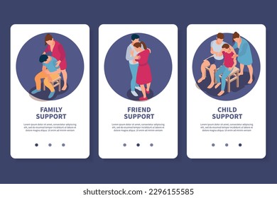 People support isometric set of three vertical banners with page switch buttons text and round compositions vector illustration